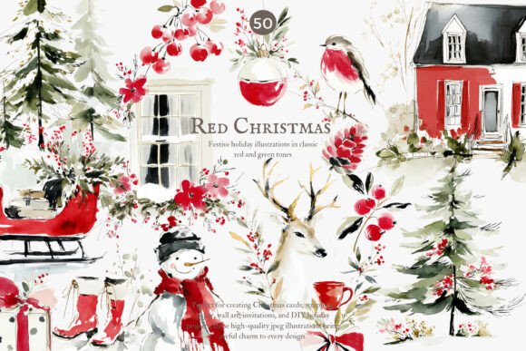 Download Festive Red Christmas Watercolor Clipart - Christmas Collection